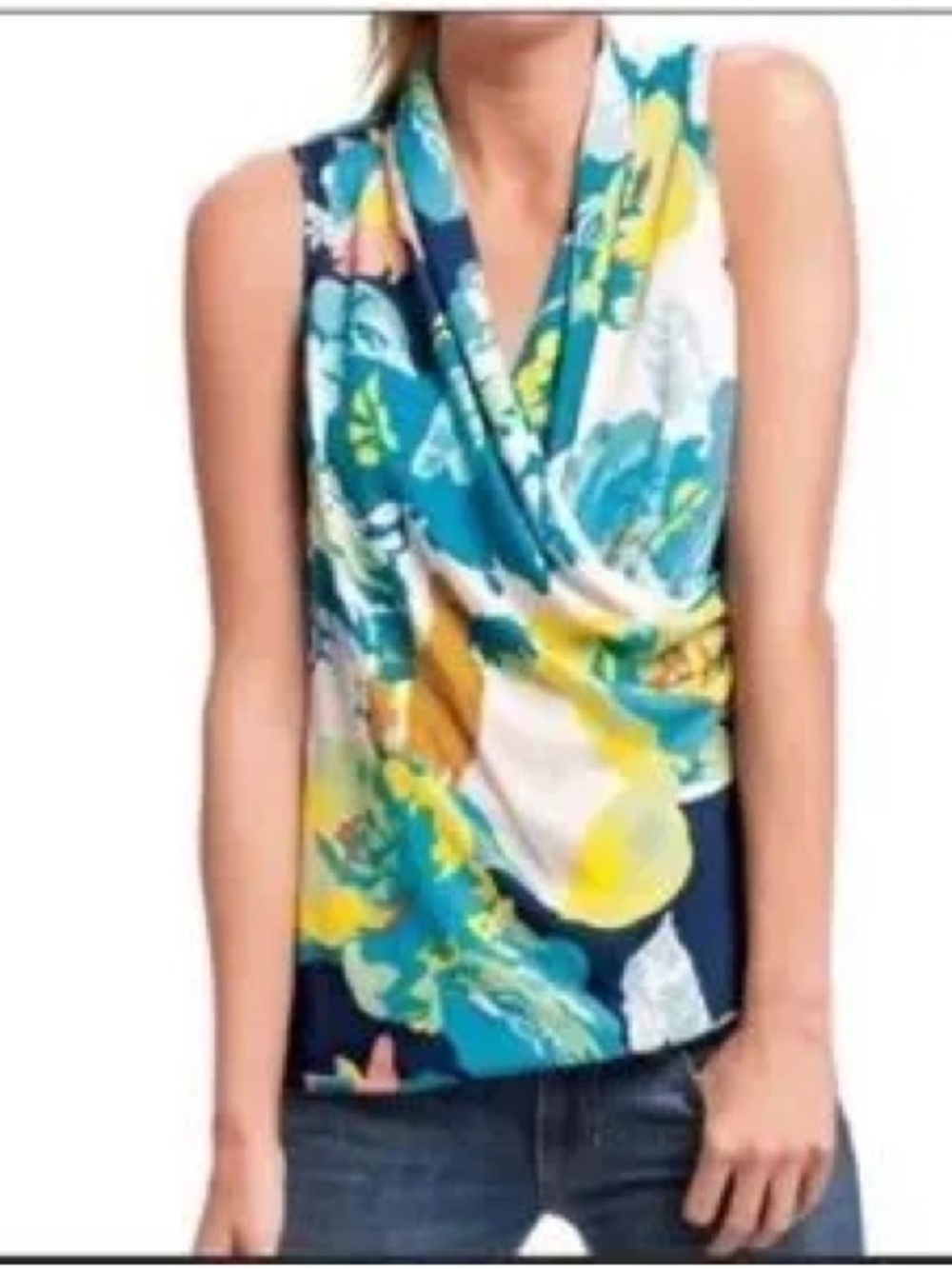 CAbi #741 Spring Blossom Floral Faux Wrap Blouse Sleeveless Top Medium